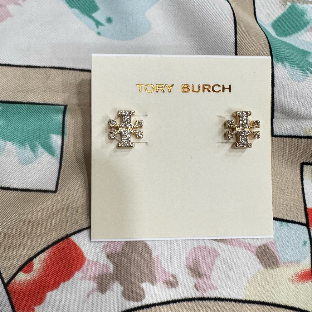 New Tory Burch crystal logo stud earrings in gold